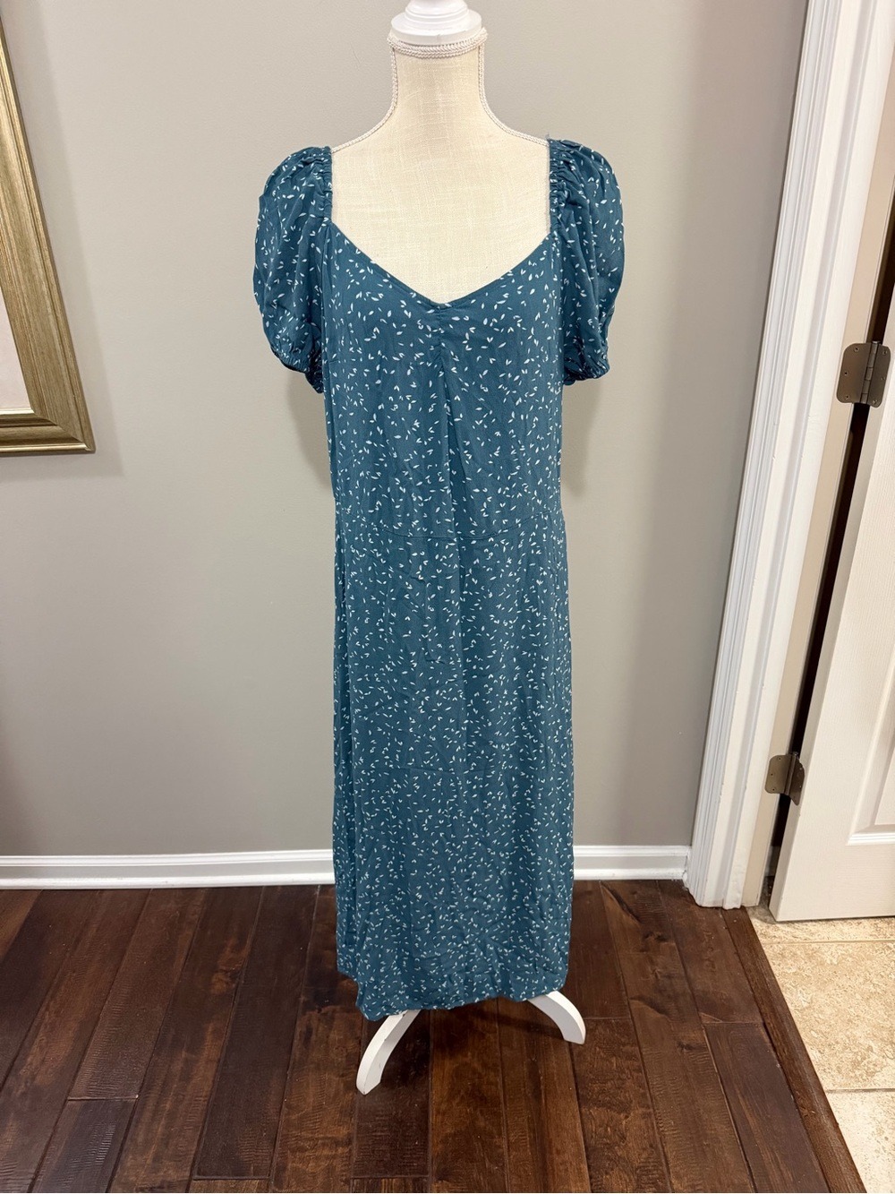 LOFT Teal Puff-Sleeve Midi Dress with Small White Print
